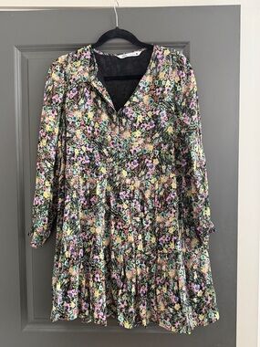 Zara Black Floral Mini Dress with Pastel Print